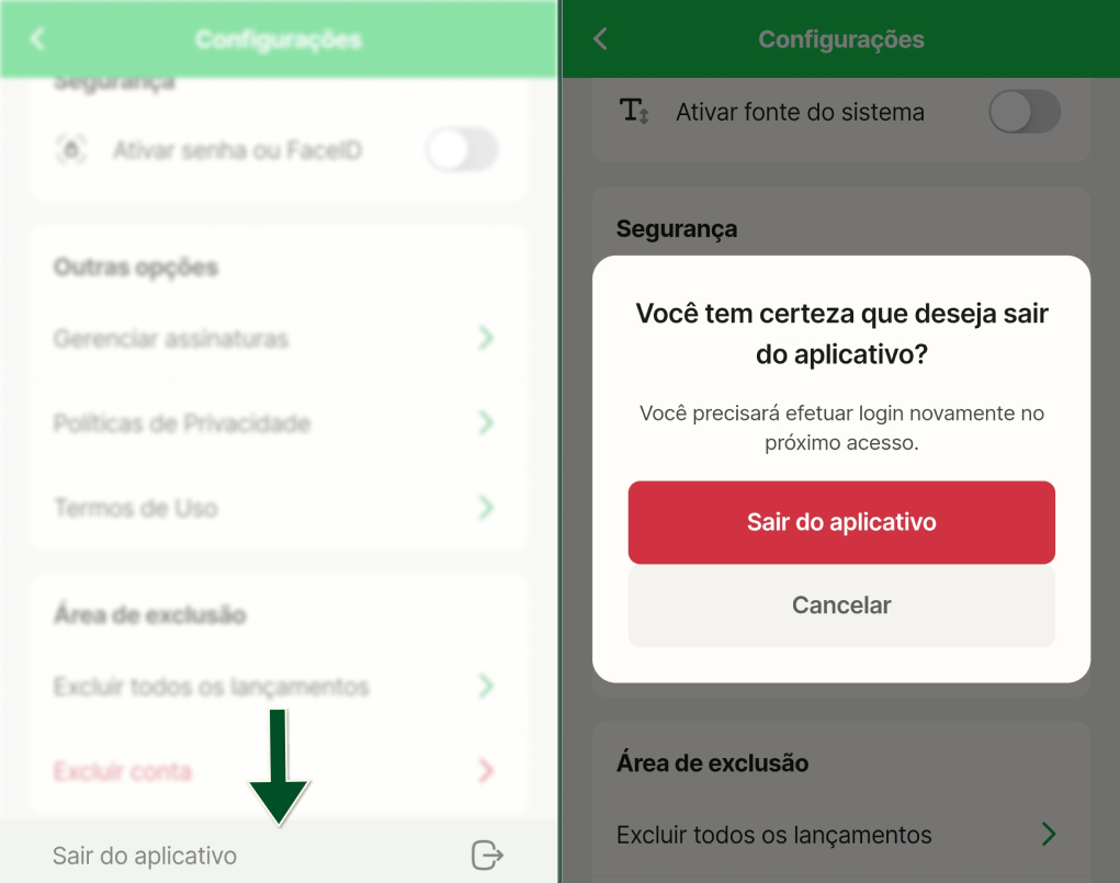 Android - Configurações - Sair do aplicativo – Organizze
